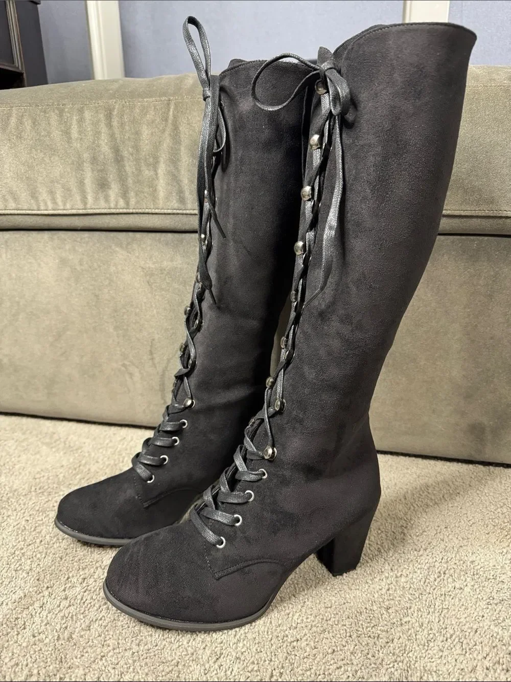 Tall Black Faux Suede Lace-Up Women’s Boots Gothic Size 8.5 (41) NEW